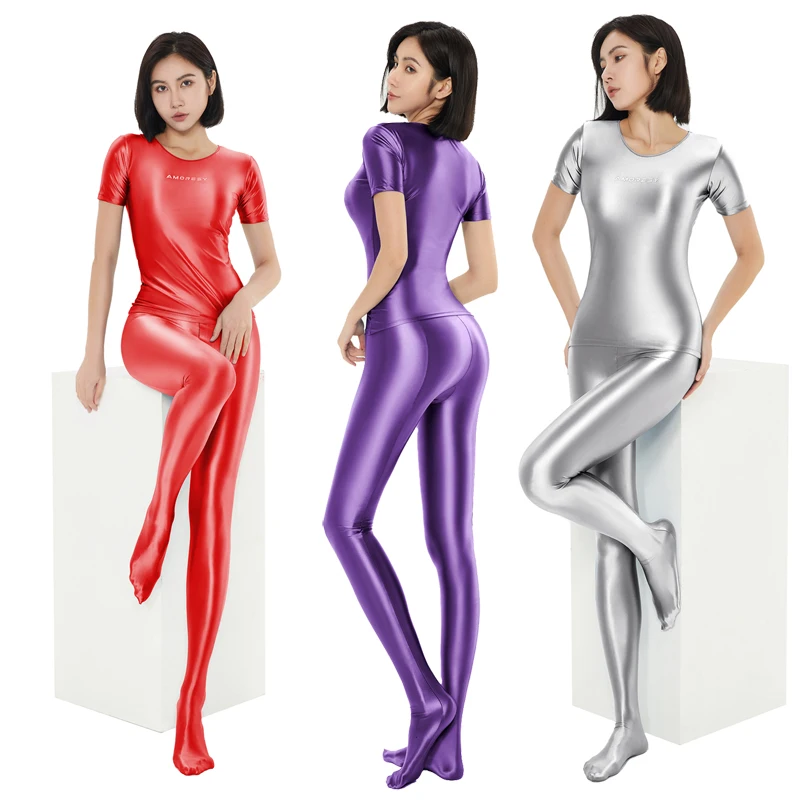 sexy Oily pantyhose glossy silky white body suit t-shirt yoga sports running leggings suit Casual versatile tights swim cloths