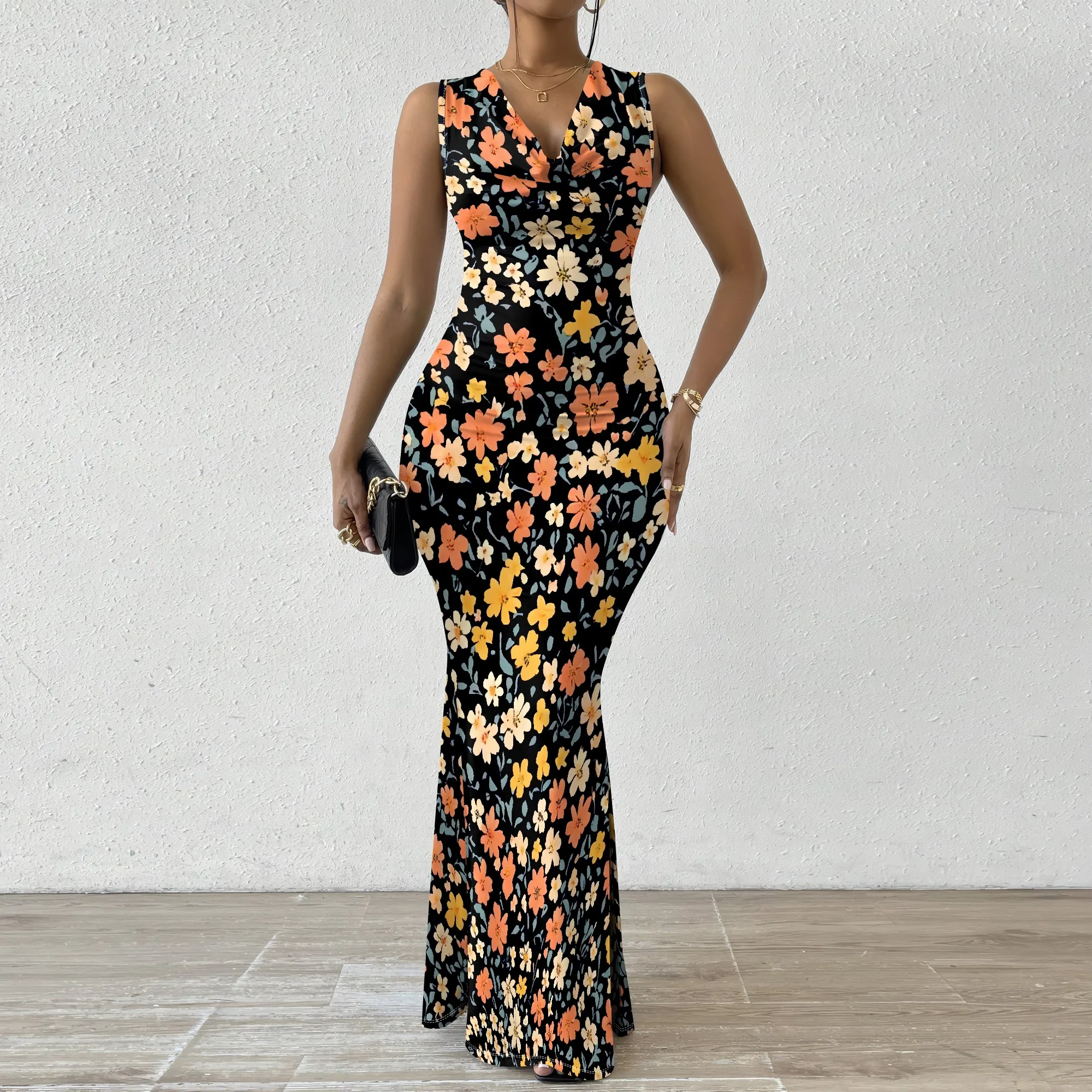 

Floral V-Neck Maxi Dress for Women 2025 New Arrival Autumn Vintage Casual Dress XS-2XL