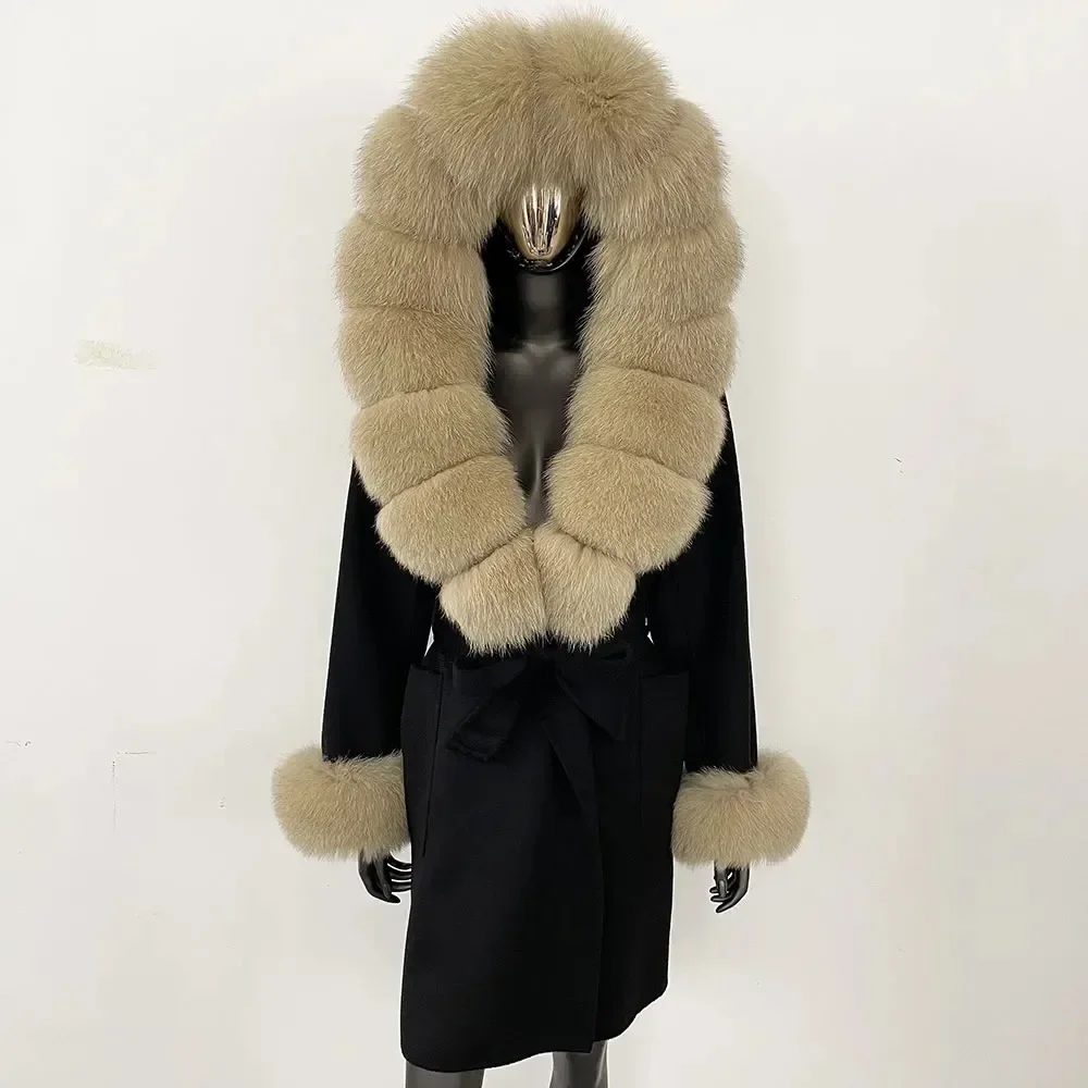 Women Real Fox Fur Coat Female Long Hooded Cashmere Jacket Warm Natural Fur Woolen Jacket Lady Wool Coat 2024 New Autumn Winter