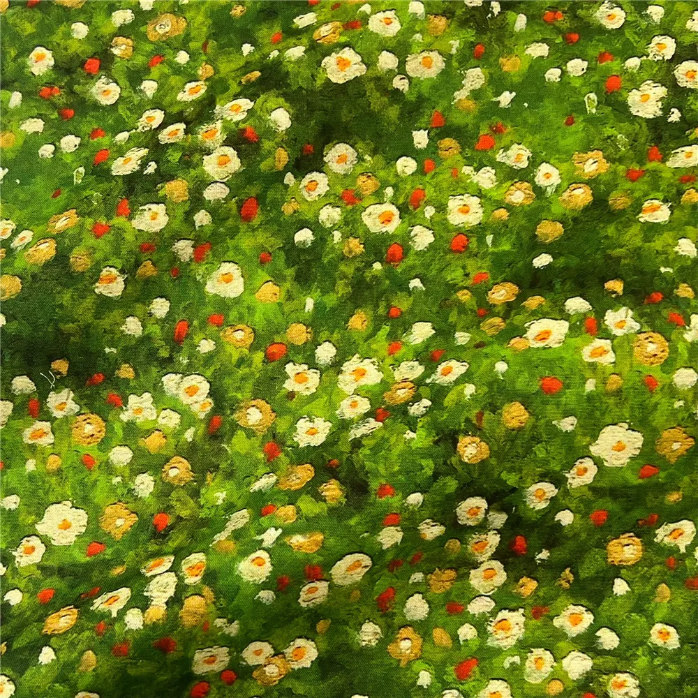 Green background oil painting with small flowers Cotton Fabric for Clothes Home Textile Slipcover Sewing DIY Needlework Material