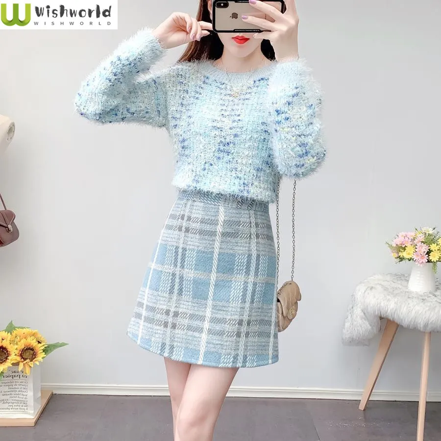 

Korean Style Knitted Sweater Pullover Woolen Mini Skirt Two-piece Set Elegant Women's Skirt Set Winter Casual Set