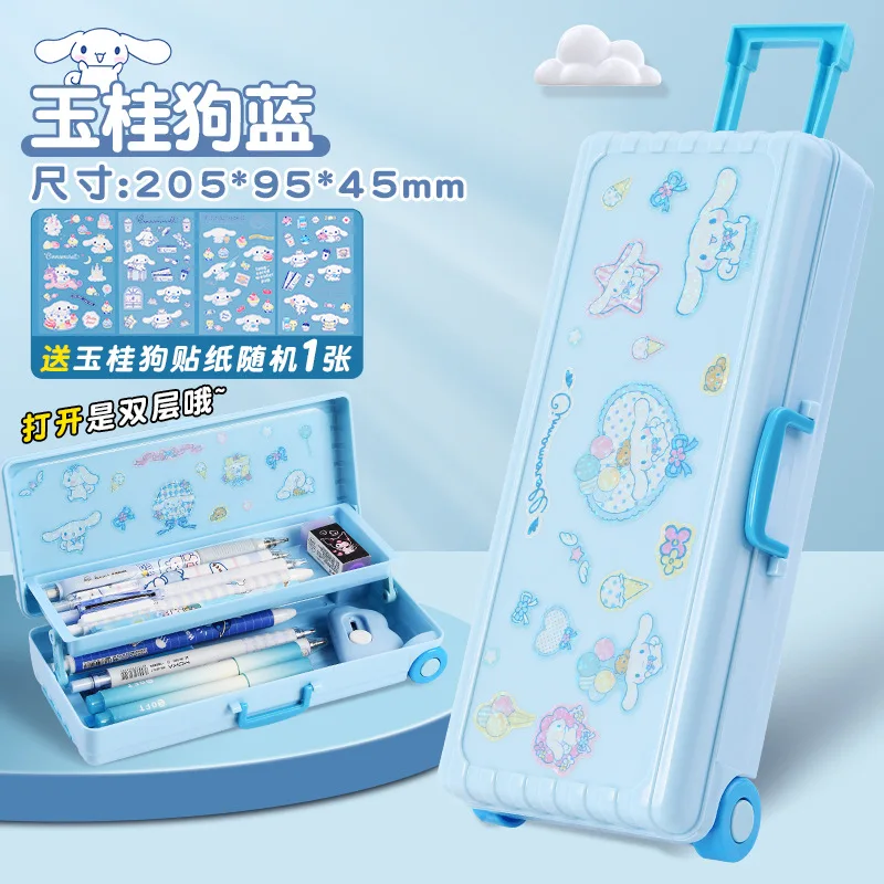 Sanrio New Student Stationery Cartoon Kuromi Trolley Box Stationery Box Large Capacity Double Folding Pencil Case Charm Gift