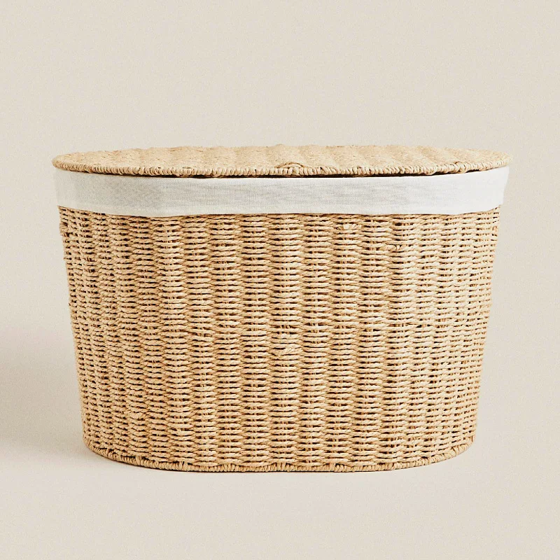 Collapsible Paper Rope Woven Storage Basket with Cover, Dirty Clothes Organizer, Decorative Laundry Bin for Home Use