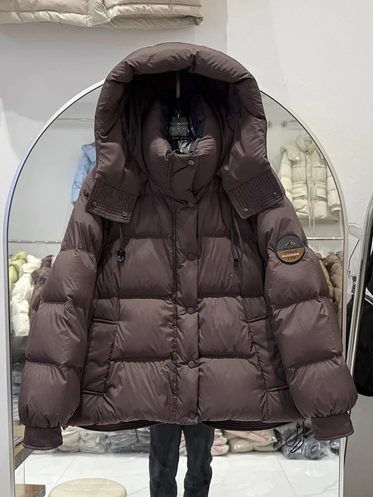 Koreanischer Stil mit Kapuze, Daunenjacke für Damen, 2022, Neuankömmling, verdickte Kapuzen-Pufferjacke mit langen Ärmeln, Winter