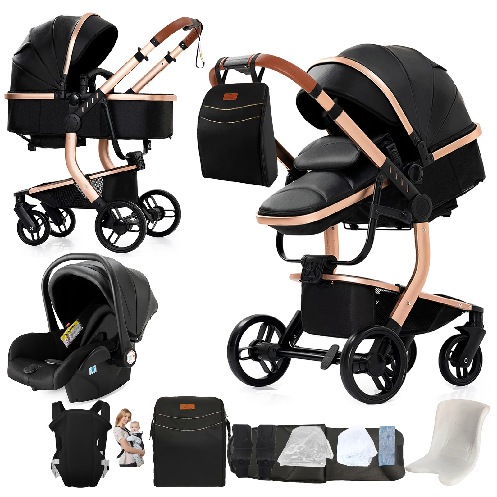 Kinderwagen 3-in-1 Babyreiswieg Lichtgewicht Opvouwbare Kinderwagen Hoge Ligstand Omkeerbare Babywagen Eenvoudig Opvouwbare Kinderwagen Compact