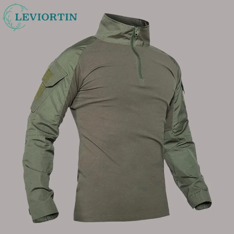 Mens Long Sleeve Tactical T-Shirt Men'sOutdoor camouflage breathable lapel t-shirt Slim Fit