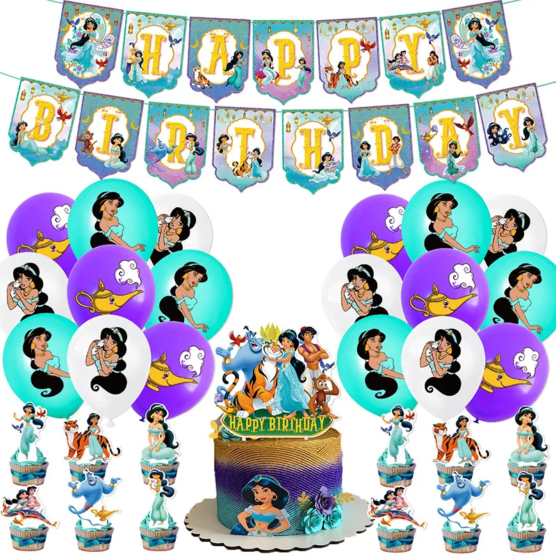 

Disney Jasmine Six Princess Tableware Set Party Supplies Decoration DIY Scene Layout Anime Figures Festivel Banner Cake Topper