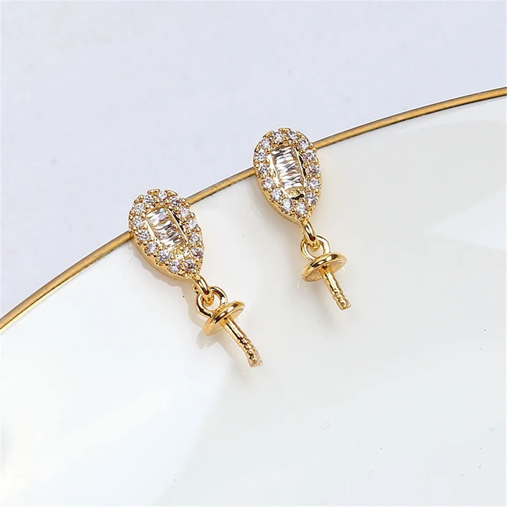 

S925 Silver Needle Micro Inlaid Small Water Drops Pearl Earrings 14K Gold Wrapped Earstuds with Empty Support DIY Accessories