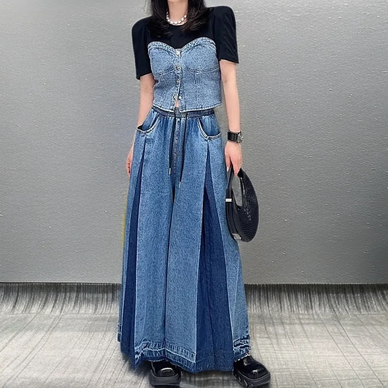 Spring 2026 New Style Trendy Versatile Patchwork Denim Wide Leg Pants Elastic Waist Belted Nine Pointed Casual High Waist Jeans