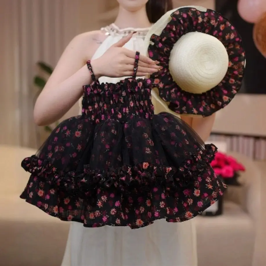 Girls Dress 2026 Summer New Purple Flower Princess Dress Fashion Black Mesh Sleeveless Strapless Puff Dress