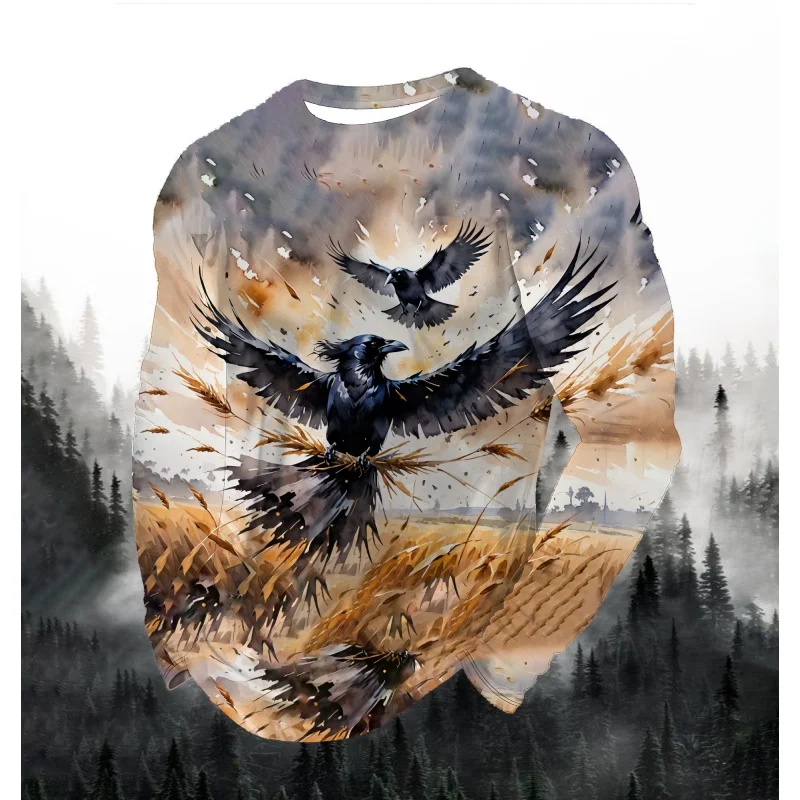 Crow Rice Field Pattern T-Shirt For Men Colorful Animal 3D Printed T Shirts Autumn Casual Loose Round Neck Tops Tees Long Sleeve