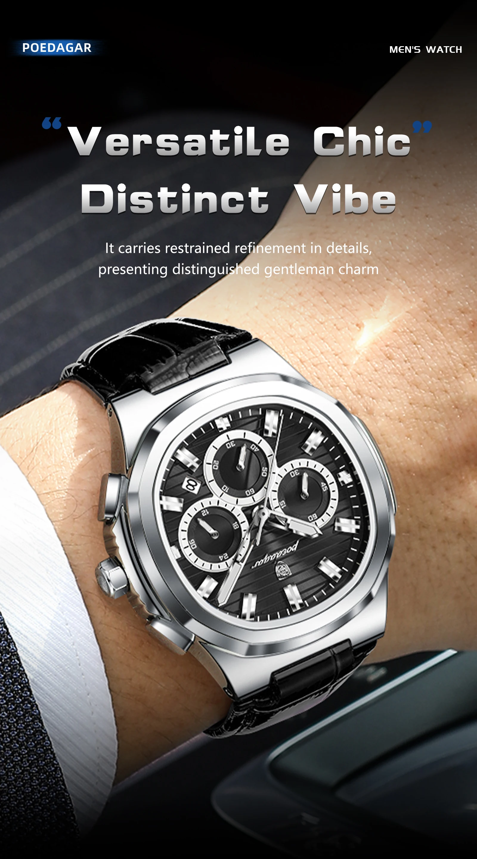 POEDAGAR Luxus-Herrenarmbanduhr, wasserdicht, leuchtend, Leder, modische Herrenuhr, Datumsanzeige, Chronograph, Quarz, elegante Herrenuhren, Reloj – Detail 13