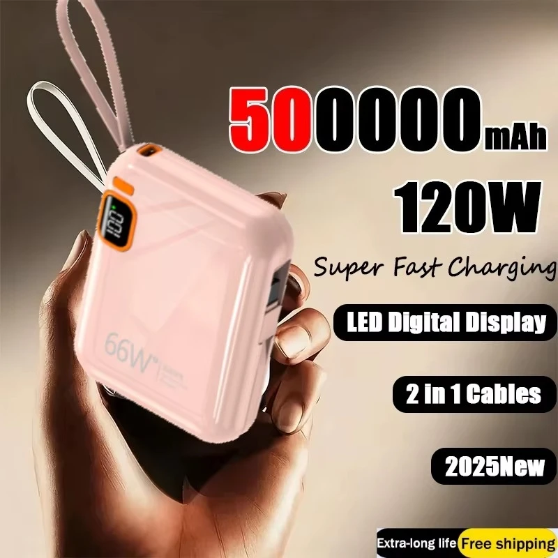 

Мини-Power Bank 120 Вт, 100000 мАч, портативный внешний аккумулятор с быстрой зарядкой и проводом 2 в 1 для iPhone 13 14 15 и Xiaomi