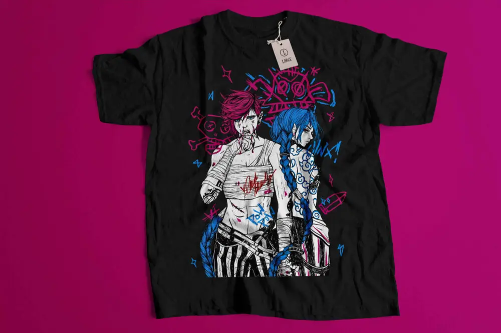 Jinx Arcane T-Shirt Japanese Anime Cartoon Jinx Black T-Shirt 060