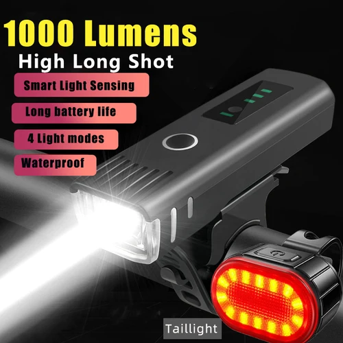 Imagen 1 del producto Luz delantera/trasera para bicicleta, luz inteligente con sentido para bicicleta, resistente al agua, linterna recargable por USB, faro trasero para bicicleta de montaña y carretera