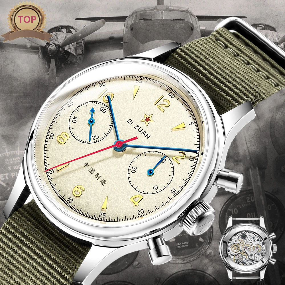 Estrela vermelha 38mm masculino 1963 cronógrafo relógio mecânico piloto com movimento gaivota st1901 força aérea aviação safira ganso 40mm