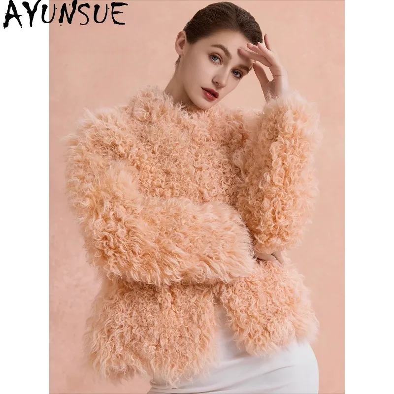 معطف فرو حقيقي من AYUNSUE معاطف شتوية فاخرة للنساء سترة من الجلد والفرو ملابس خارجية عالية الجودة ملابس نسائية Fourrure