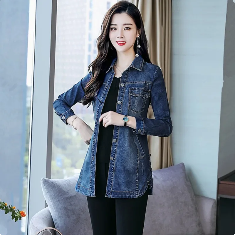 5XL  Denim Jacket Women Fashion Pocket Korean Casual Spring Autumn Jeans Coat Wild Elegant Female Outerwear 1078