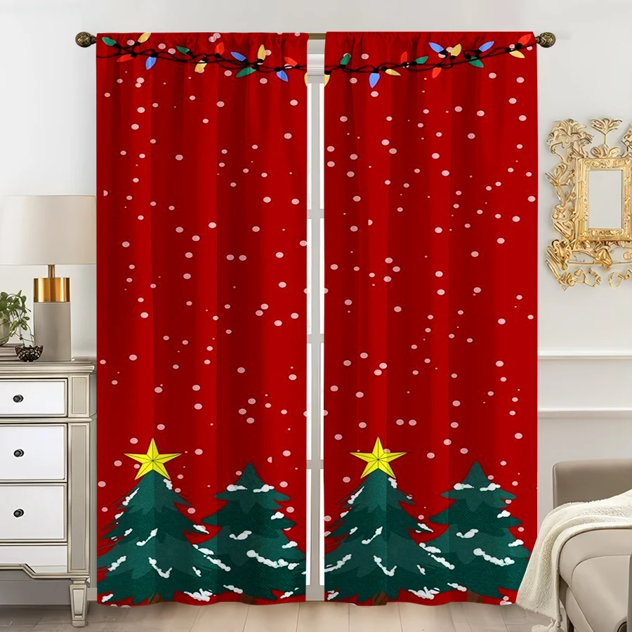 2PCS Digital Print Curtain, Red Background with Colorful Christmas Lights and Snowy Pine Trees, Yellow Stars, for Bedroom Decor