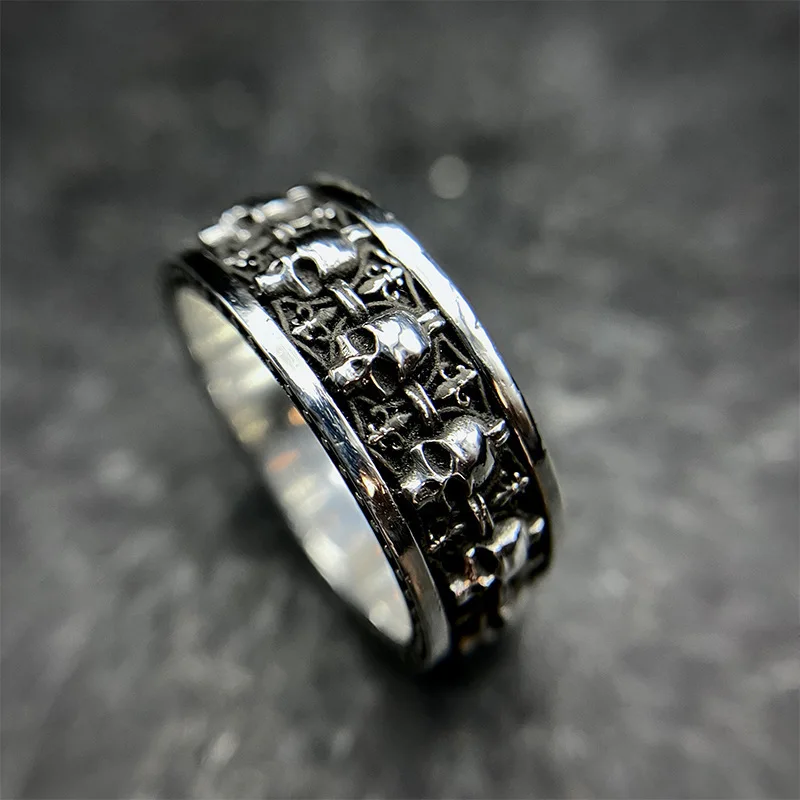 Anillo Abierto Punk Gótico Retro Grabado con Múltiples Calaveras, para Hombre, Tendencia de Halloween, Accesorio de Cosplay, Anillo de Motociclista, Venta al por Mayor