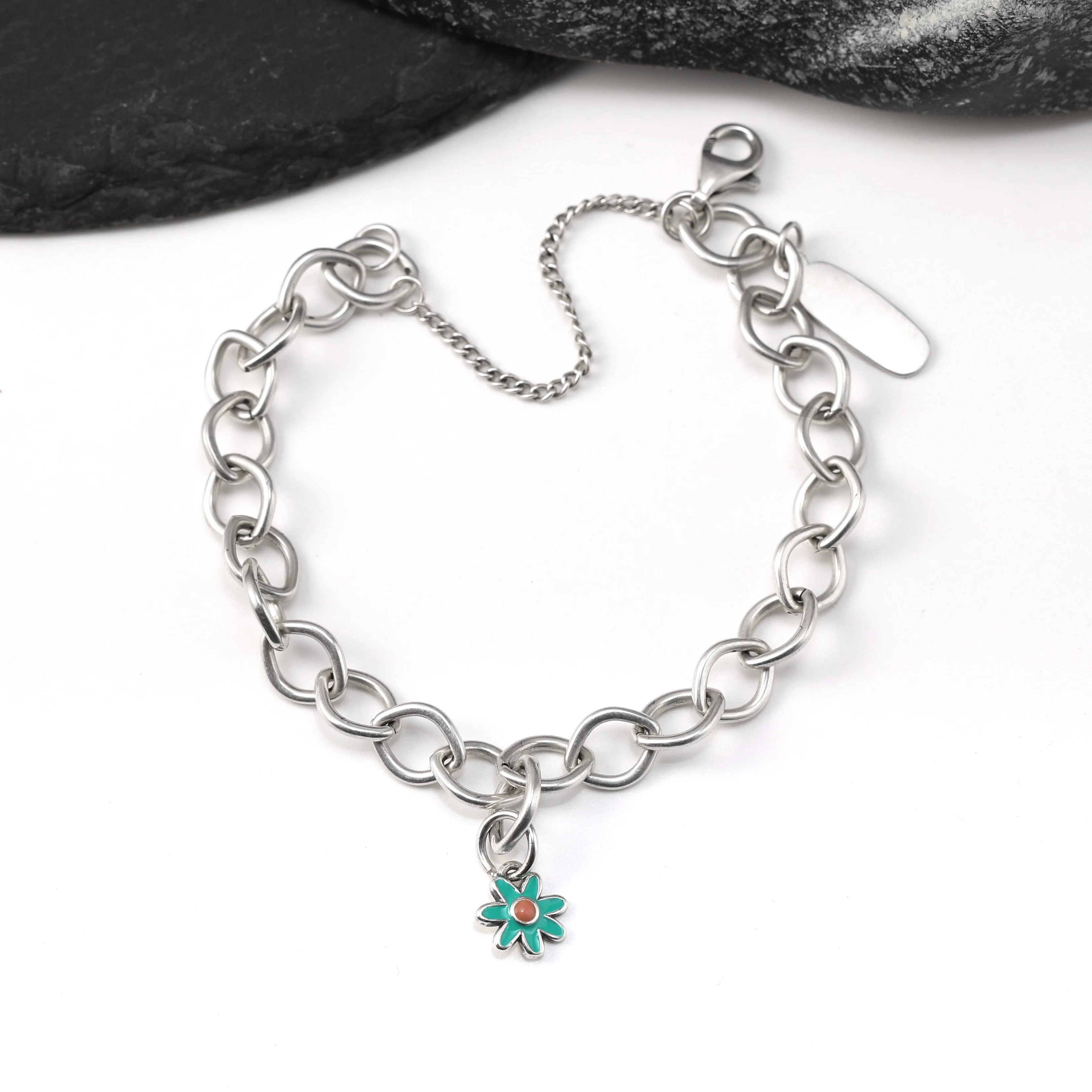 

Genuine 925 sterling silver James Avery Forged Link Charm Bracelet paired with Mini enamel flower pendant