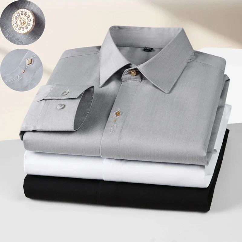 

High Quality Men's Solid Color Shirt, Fine Embroidery, Breathable, Business Casual Long Sleeve Formal Dress Shirt.Stretchable