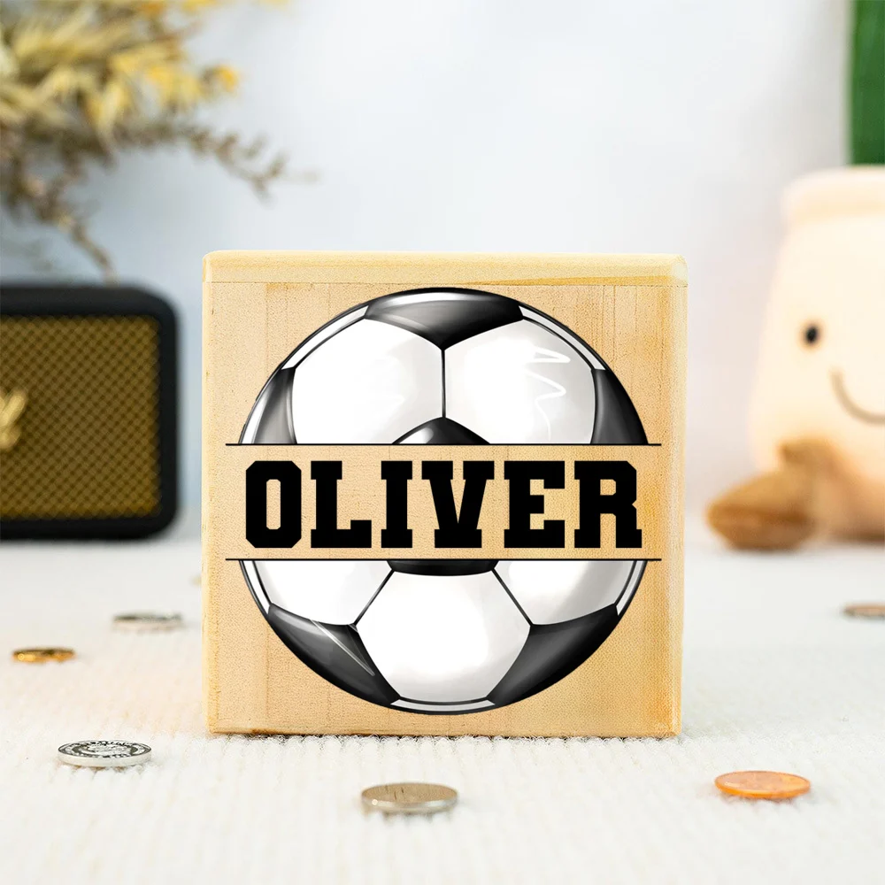 Personalized Soccer Theme Wooden Money Box, Conservation Decorations with Names, Coin Collection Box, Birthday Gift, Shower Gift