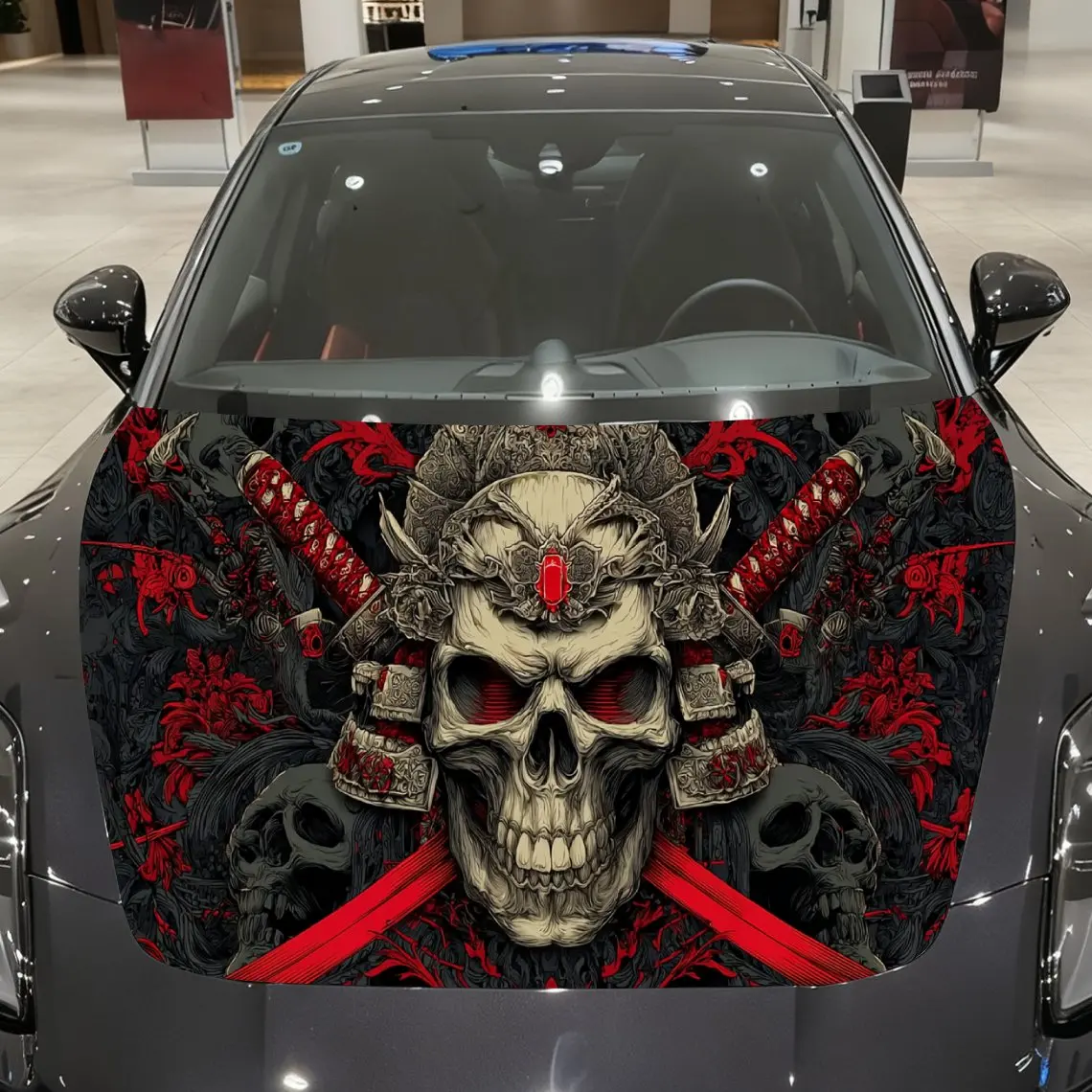 

Dark Samurai Soul Skull Armor Dual Swords Car Vinyl Wrap, PVC Material Waterproof Car Hood Sticker, Self-Adhesive Scratch-Resist
