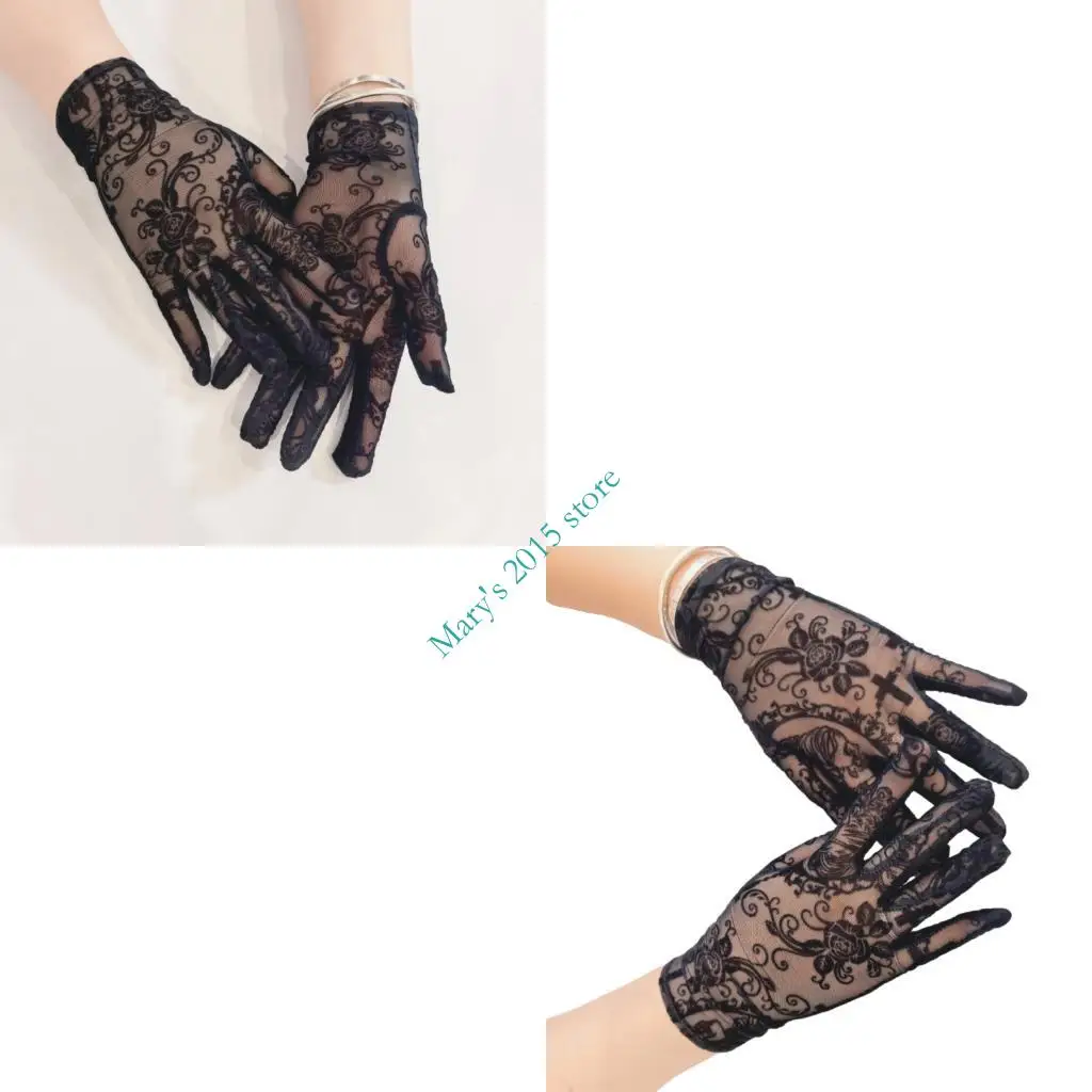 E15F Eye Catching Skull Pattern Lace Gloves For Gothic Costume Event And Roleplay