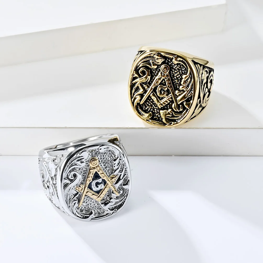 Vintage High Quality Fine Waterproof Gold Plated Jewelry Fraternal Order Men'S Stainless-Steel Zircon Rings Wholesale