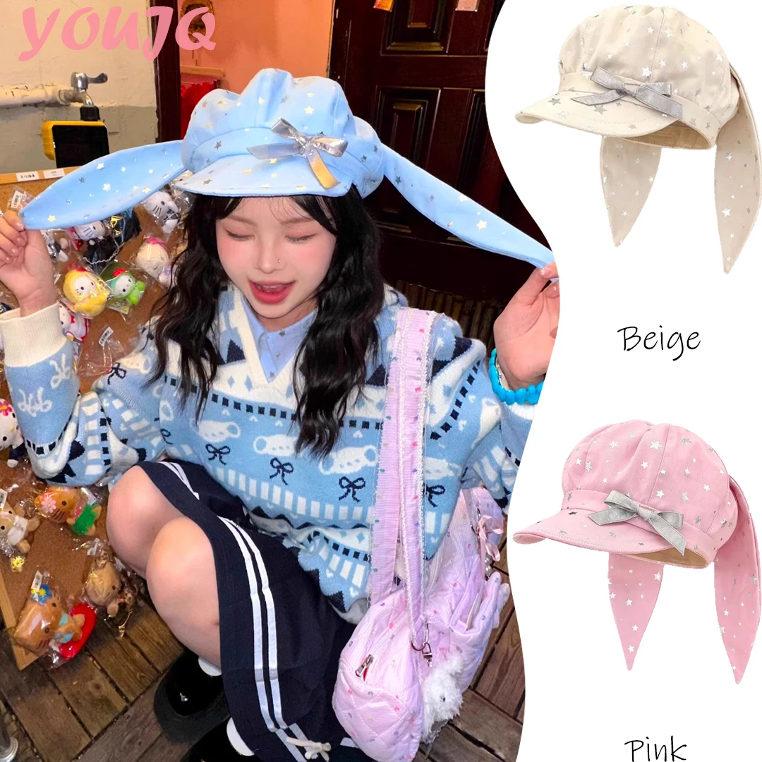 

Y2K Cute Bow Cloud Beret Hats for Women Rabbit Ear Star Design Anime Otaku Culture Street Spring Autumn Octagonal Painter Caps