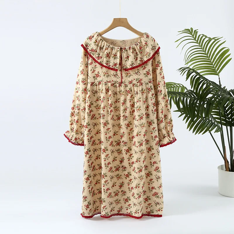 

Flora Printed 100% Cotton Long Dresses A-Line Double Gauze Crepe Loose Long Sleeve Vintage Dress Woman Robe Vacation Travel Wear