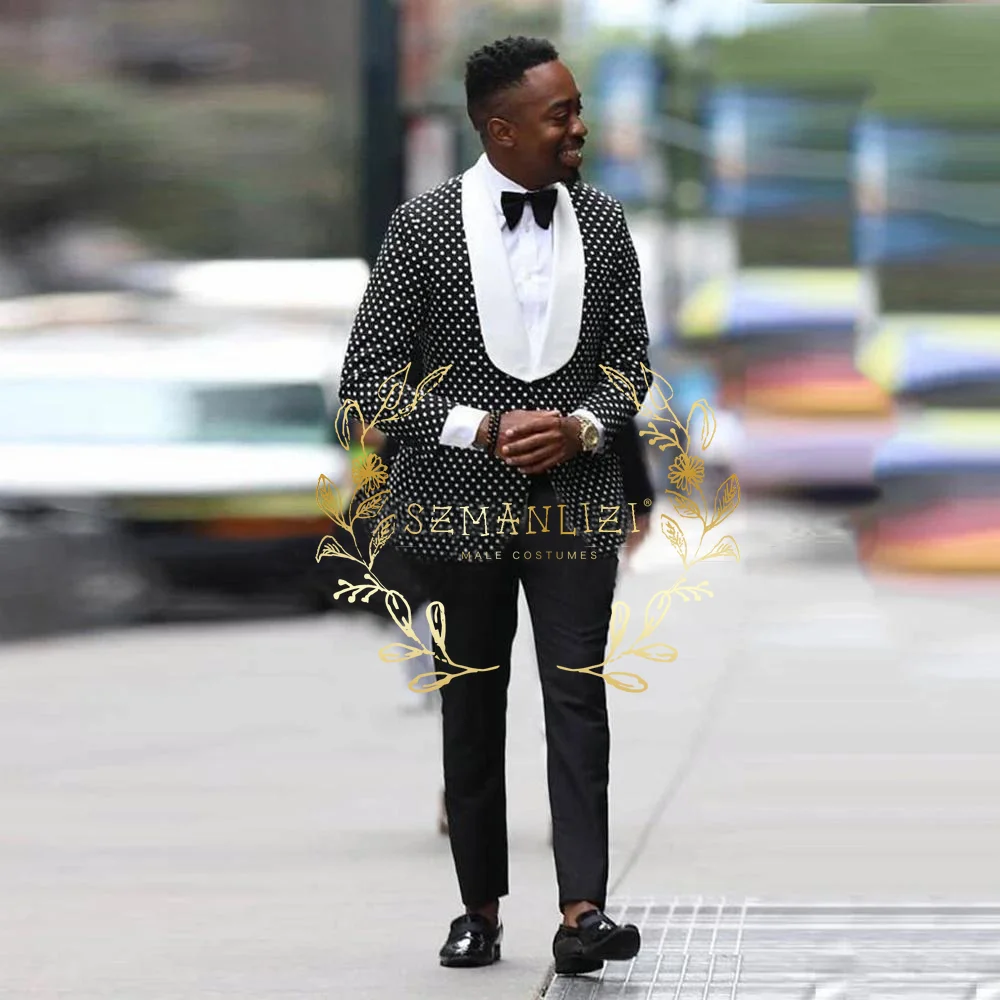 

Elegant Black Dot Polka Print Suits Men Formal Business Party Prom Blazer Shawl Laple Jacket Pants 2 Pieces Bridegroom Tuxedos