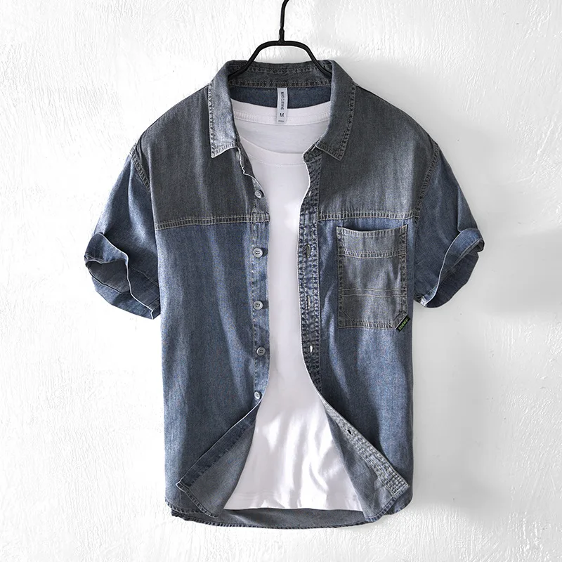 

Brand New Men Denim Shirt Summer Short Sleeve Loose Cowboy Solid Color Casual Shirts Male Camisas De Hombre Men Clothing Tops