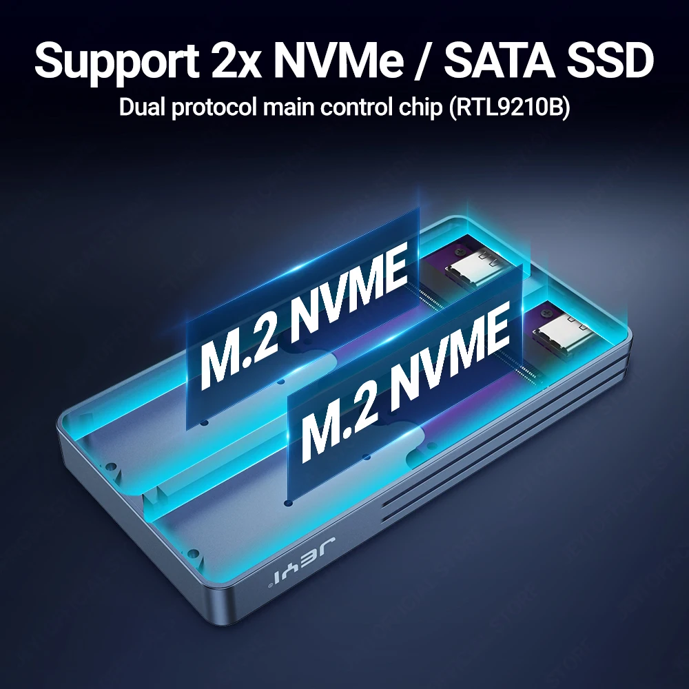 JEYI Dual Bay M.2 NVMe SATA SSD Enclosure, USB 3.2 Gen 2 10Gbps Aluminum Case for M.2 PCIe 2280/60/42/30 SSD. Support UASP Trim