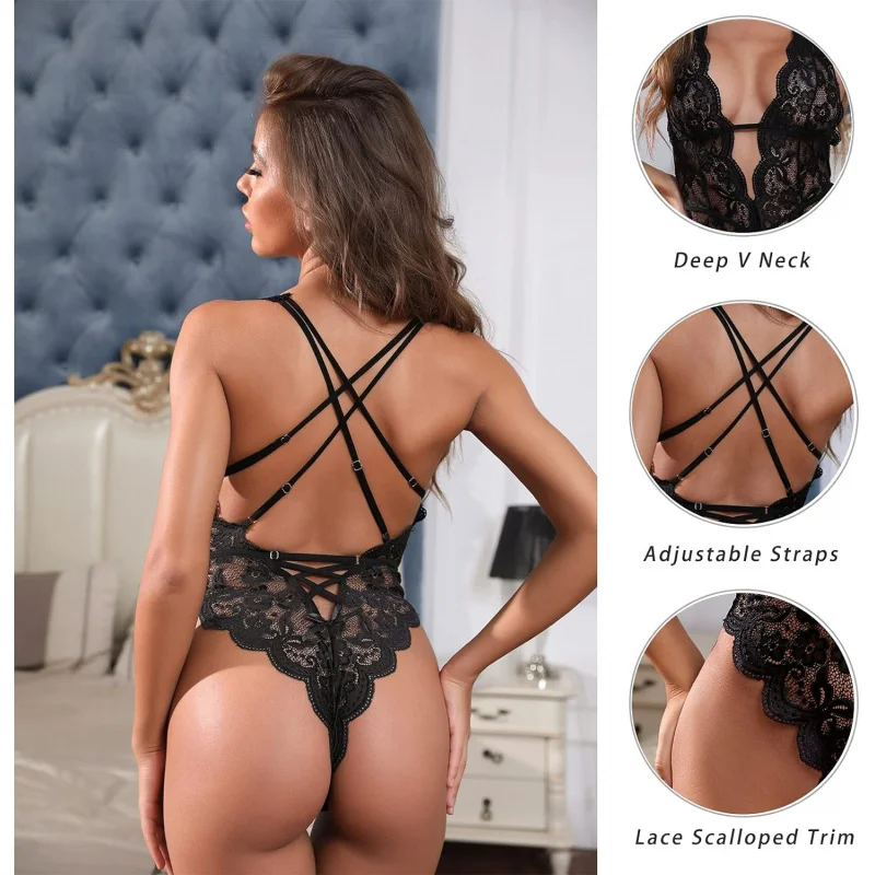 Aranmei Sexy Lingerie for Women Hollow Out Floral Lace Bodysuit One Piece Lingerie Deep V Teddy Babydoll Underwear