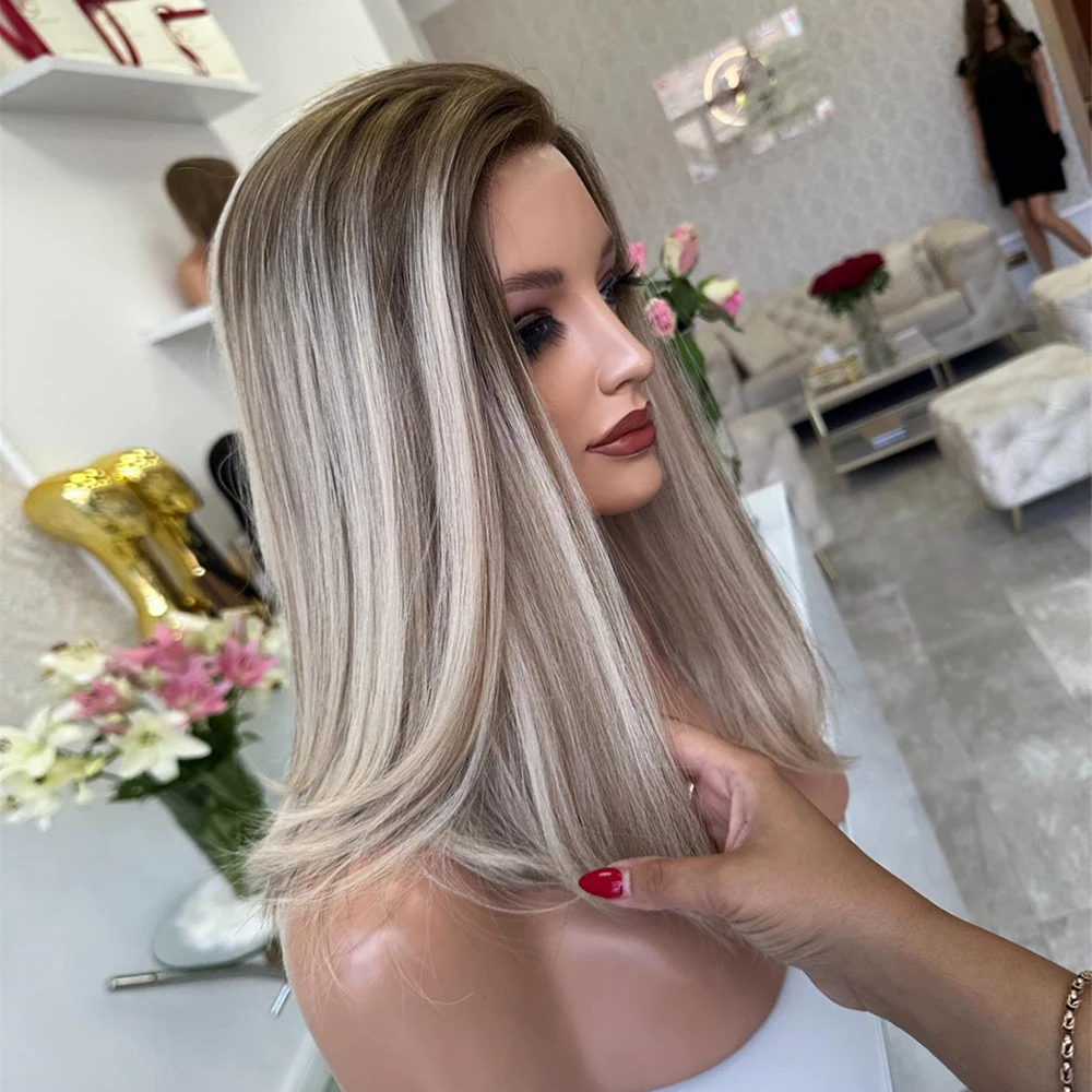 

Натуральный парик Cool Blonde Balayage Bob, синтетический парик с кружевной передней частью для женщин, свободная линия разделивания, 16 дюймов, прямые волосы, парик для косплея, термостойкий.