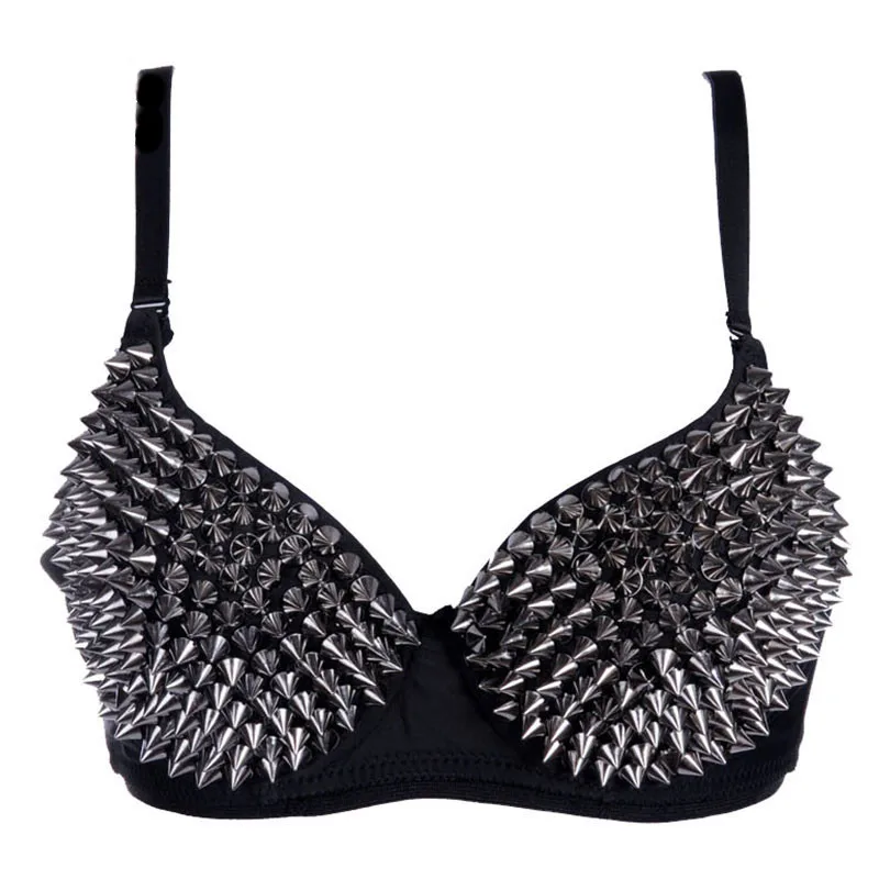 Silver Metallic Rivet Studded Bra Top Sexy Lingerie Bralette Push Up Bra Gothic Punk Rave Bras For Women Underwear Brasier Mujer