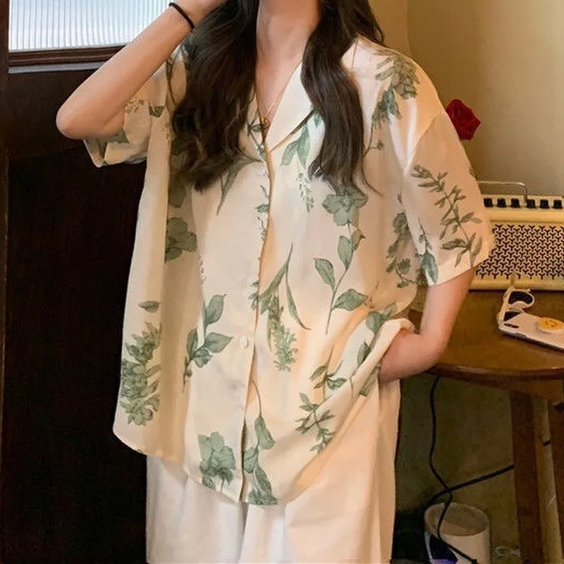 

Vintage Shirts Women Drape Chic Loose Fit Casual Printed Korean Fashion Popular Short-sleeved Mujer Summer All-match Harajuku