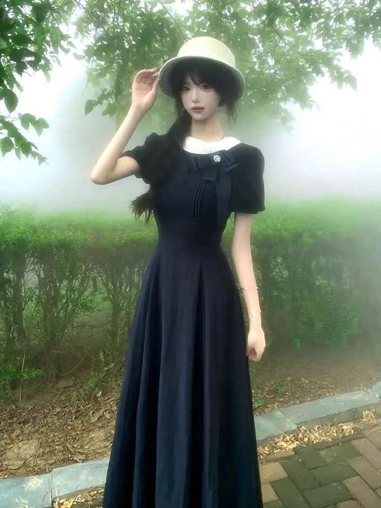 

Retro Style French Court Style Black Retro Short Sleeves Waist And Thin Niche High-end Dress Summer