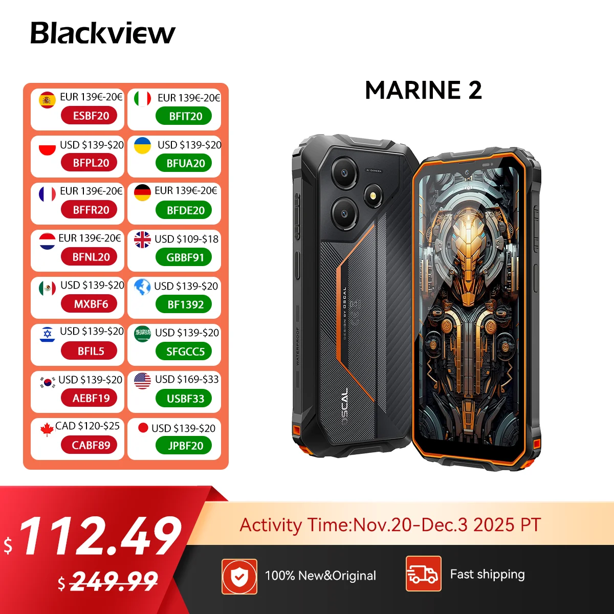 Blackview OSCAL Marine 2 Rugged Phone 8GB RAM 256GB Smartphone AI 11000mAh Battery 6.56 '' HD+Display Unisoc T61 Android 15 NFC