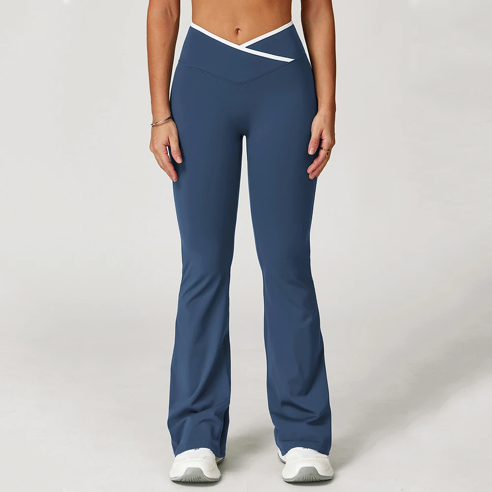 Legging Flare Crossover untuk Wanita Celana Yoga Kontrol Perut Bawahan Lonceng Silang V Pinggang Tinggi Legging Olahraga Gym Pakaian Wanita