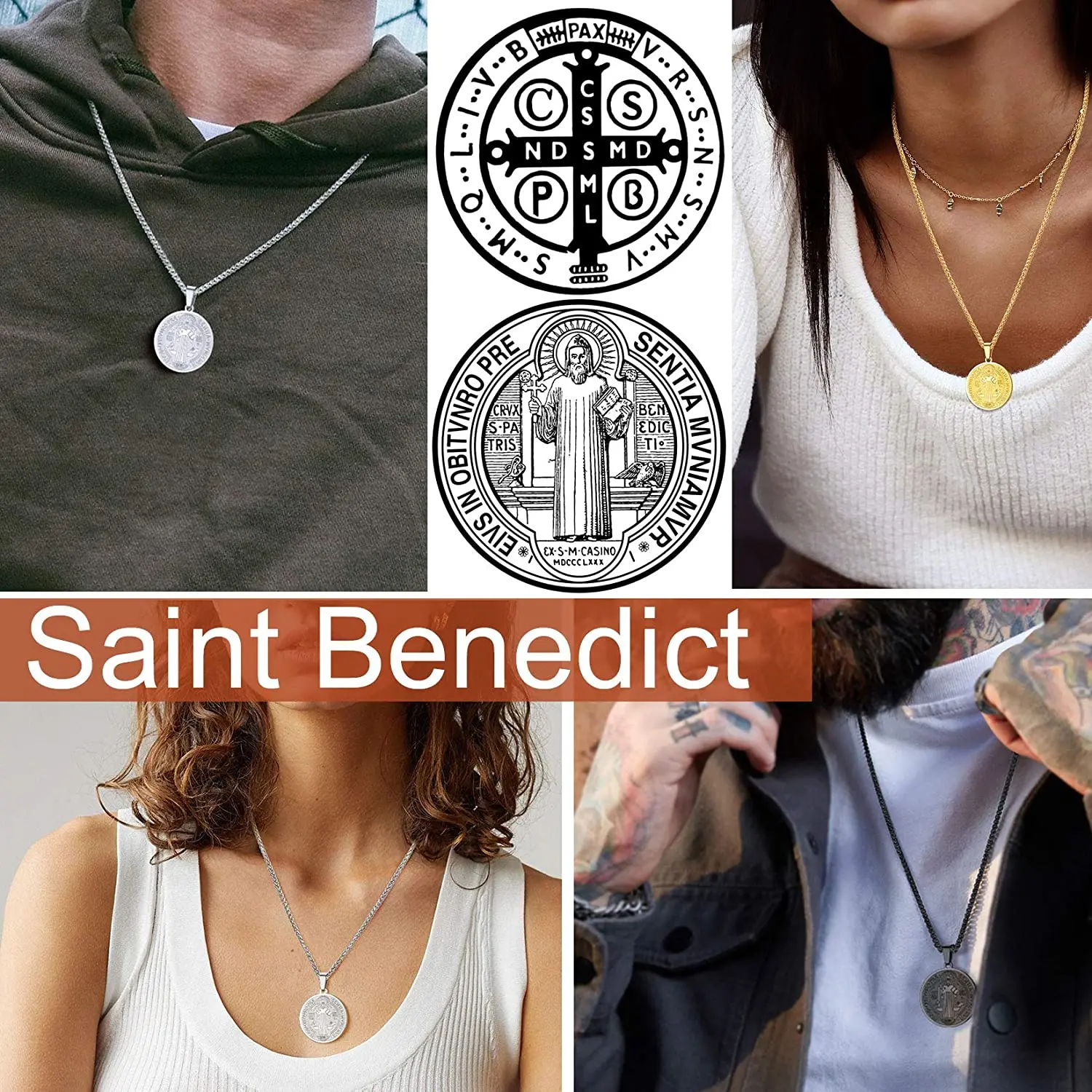 ChainsPro St.Benedict Necklace for Men Catholic Medallion Pendant with Chain Prayer Jewelry Gift 14K Gold Plated/Stainless Steel