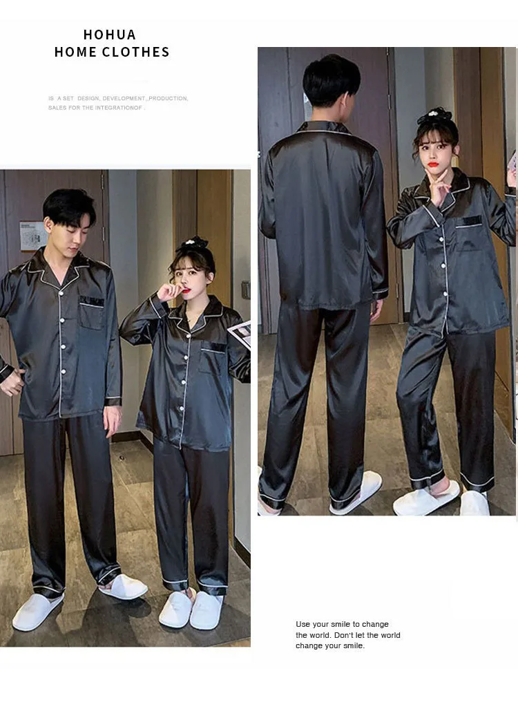 Pyjama Männer Sommer Eis Seide Dünn schnitt der Herren Simulation Seide schwarz Langarmhose Homewear Anzug – Detail 2