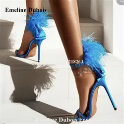 Unique Feather Decorated Sandals Emeline Dubois Open Toe Blue Green Yellow White Satin Fru Stiletto Heel Gladiator Sandals