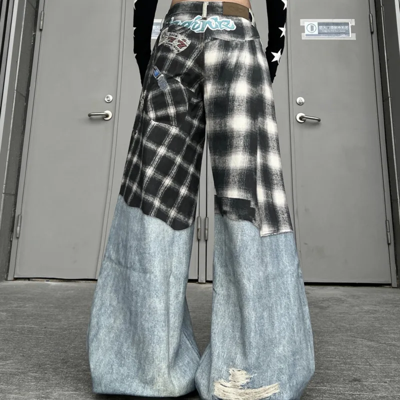 ANJY Spring Autumn New Women American Style 3D Digital Print Plaid Denim Pants Streetwear Ins Loose Casual Wide Leg Jeans A22534