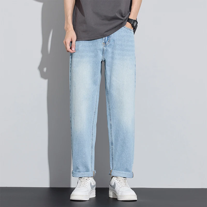 

New loose straight leg men's jeans for spring and summer 2025, casual and fashionable cropped pants, comfortable and loose men's