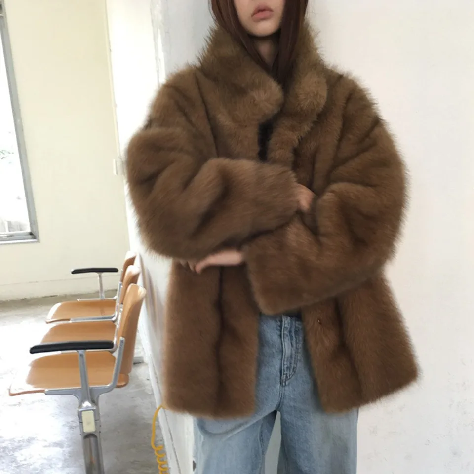 

Женское шикарное зимнее пальто, свободное облегающее пушистое теплое меховое и кожаное цельное длинное свековое пальто-стойка для поездок на работу Sle Jaet