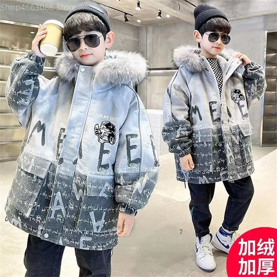 2023 Children Down 4 5 6 7 8 9 10 12 14 Years Winter kids Outerwear Boys Casual Warm Hooded Jacket for Boys letter print Coats