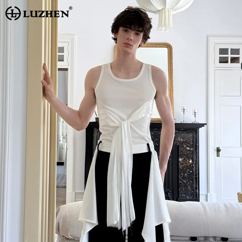 LUZHEN Fashion Personalized Ribbon Patchwork Decorate Sleeveless T-shirts Men's Streetwear 2025 New Solid Color Tank Tops JY3204